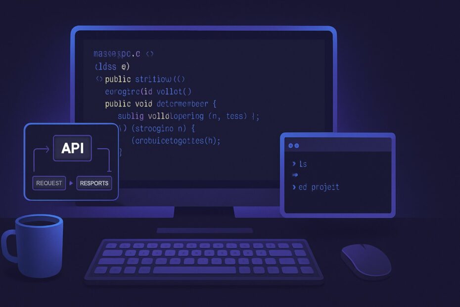 Developer workspace illustration showing C# code editor with API endpoint diagram for ASP.NET Core 9 tutorial